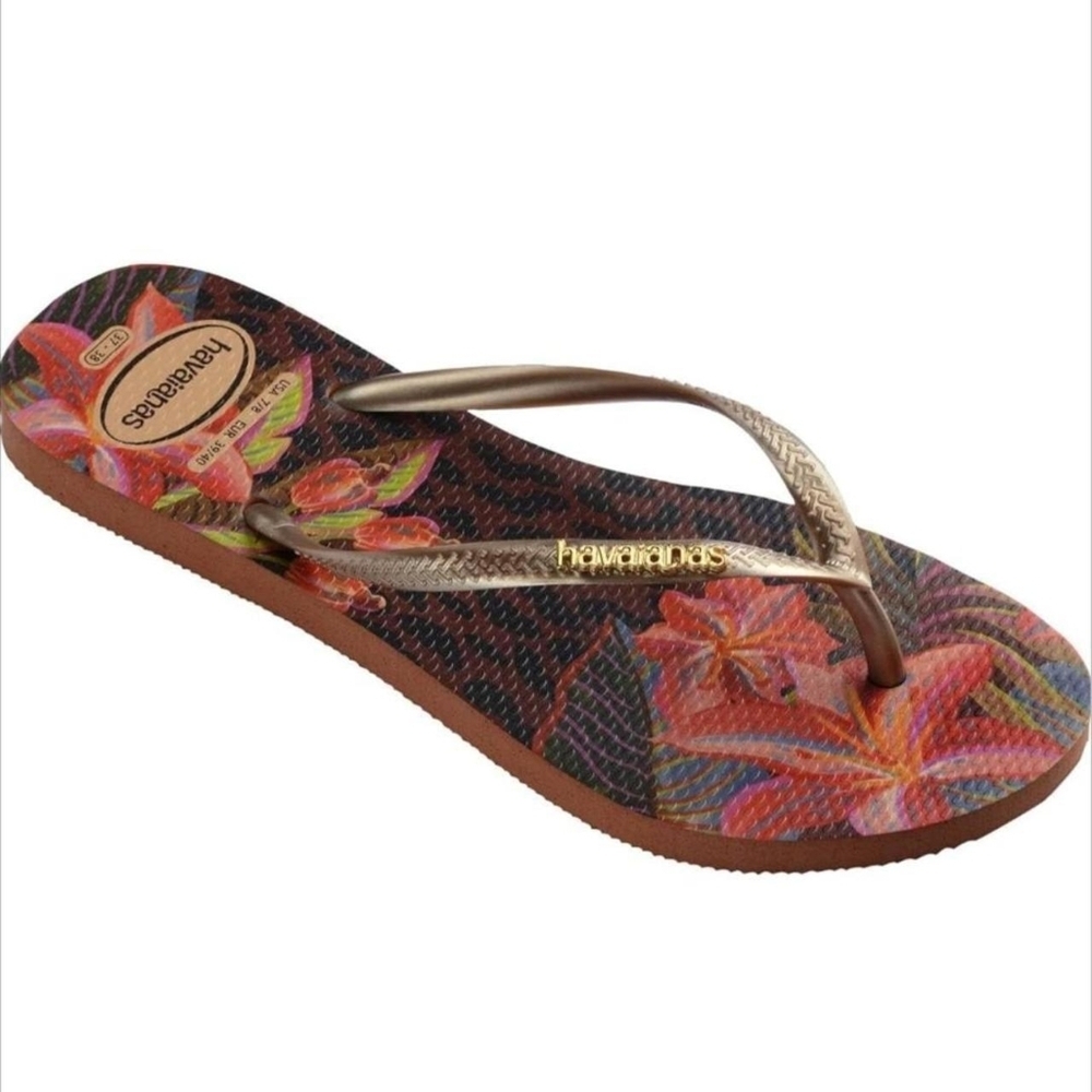 Havaianas Women's Floral Flip Flops - Brown and Gold - Picture 2 of 7